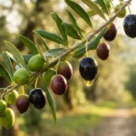 غصن زيتون في سوريا يظهر مراحل النضج المختلفة من الأخضر إلى الأسود، ويرمز إلى التوقيت الأمثل لعملية القطاف.