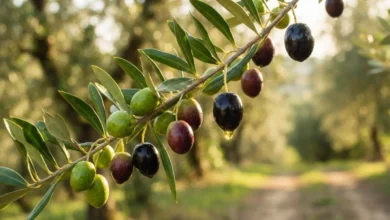 غصن زيتون في سوريا يظهر مراحل النضج المختلفة من الأخضر إلى الأسود، ويرمز إلى التوقيت الأمثل لعملية القطاف.