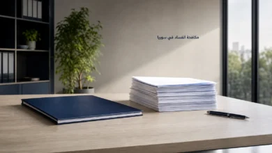 مكتب رقابي عصري خالٍ من الأشخاص مع ملف تدقيق ووثائق ترمز إلى مكافحة الفساد في سوريا.