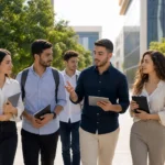 طلاب وطالبات يمشون في باحة جامعة حديثة لمتابعة مسار القبول الجامعي في سوريا.