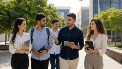 طلاب وطالبات يمشون في باحة جامعة حديثة لمتابعة مسار القبول الجامعي في سوريا.