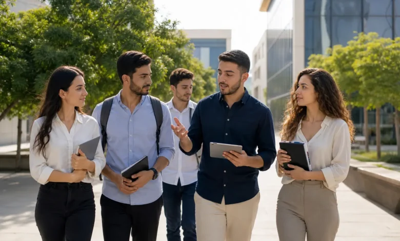 طلاب وطالبات يمشون في باحة جامعة حديثة لمتابعة مسار القبول الجامعي في سوريا.