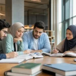 طلاب جامعيون يتابعون دراستهم في مكتبة جامعية حديثة توضح واقع رسوم الجامعات الخاصة في سوريا