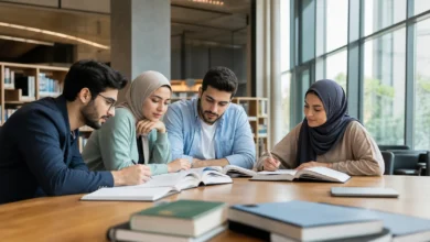 طلاب جامعيون يتابعون دراستهم في مكتبة جامعية حديثة توضح واقع رسوم الجامعات الخاصة في سوريا