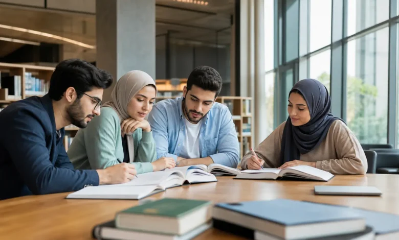 طلاب جامعيون يتابعون دراستهم في مكتبة جامعية حديثة توضح واقع رسوم الجامعات الخاصة في سوريا