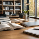 كتب جامعية وأدوات دراسية على طاولة مكتبة تعبر عن مرسوم الطلاب المستنفدين في الجامعات السورية