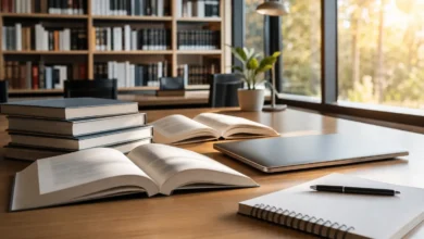 كتب جامعية وأدوات دراسية على طاولة مكتبة تعبر عن مرسوم الطلاب المستنفدين في الجامعات السورية