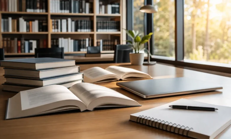 كتب جامعية وأدوات دراسية على طاولة مكتبة تعبر عن مرسوم الطلاب المستنفدين في الجامعات السورية