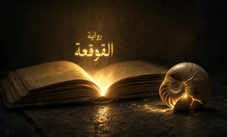 غلاف رواية القوقعة ملقى بجانب قوقعة مكسورة يخرج منها ضوء، في إشارة رمزية لأدب السجون والتحرر من الظلم.